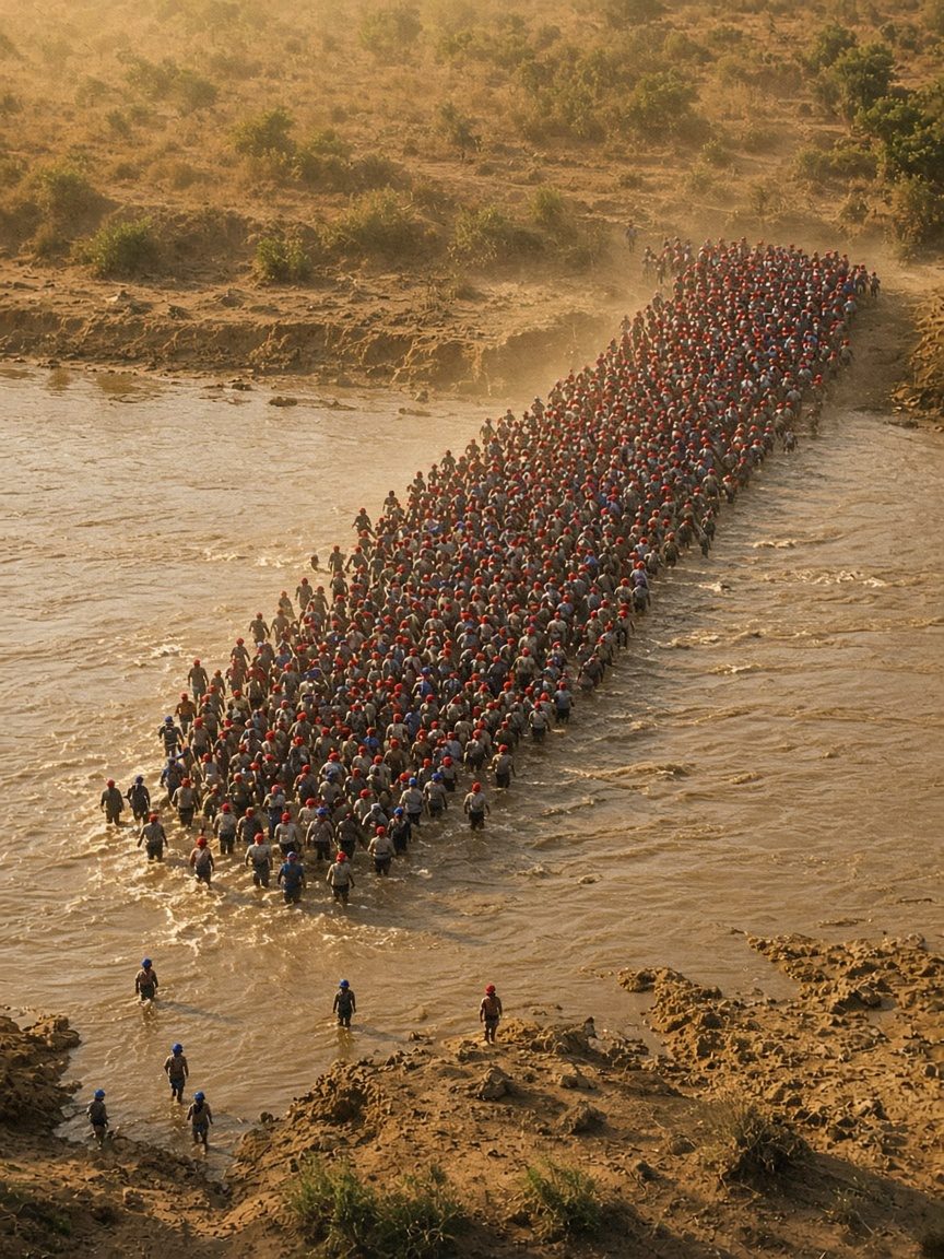 Cover image: a huge column of people in red and blue caps wading across a muddy river like a wildebeest migration.