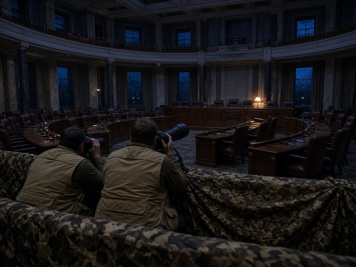 Two photographers in khaki vests, seen from behind, crouched behind a camouflage blind in an empty, wood-paneled hearing room at dusk.