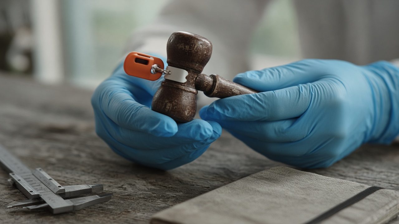 Gloved hands holding a small gavel fitted with an orange wildlife tracking tag.